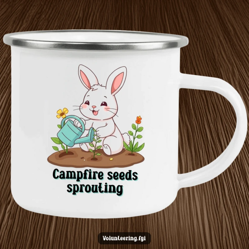 Funny camping mug with a smiling bunny planting a seedling, perfect for outdoor enthusiasts who enjoy humorous gardening designs. Great funny gift.