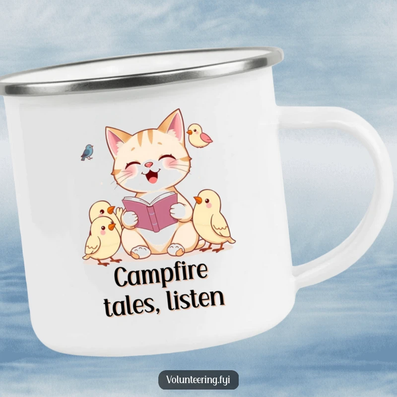 Funny camping mug featuring a cheerful cat reading to attentive birds, ideal for outdoor reading sessions.