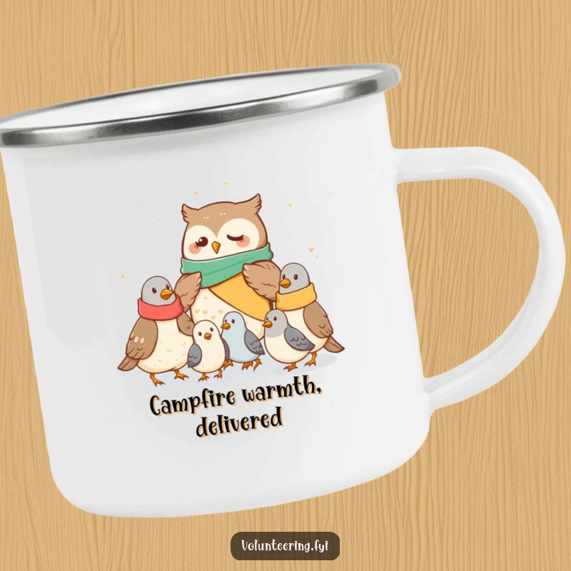 Funny owl camping mug showing a caring owl distributing blankets to pigeons, perfect for campers and as a humorous funny gift.