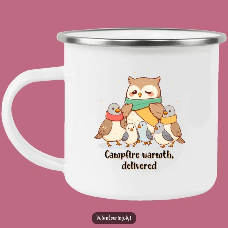 Funny Owl Camping Mug: Outdoor Comfort Sharing Blankets with Pigeons
