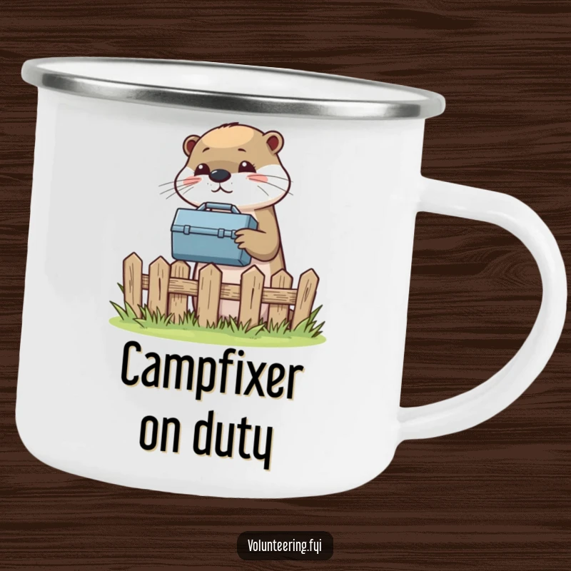 Funny camping mug with a helpful otter passing a toolbox, ready for outdoor repairs and adventures.