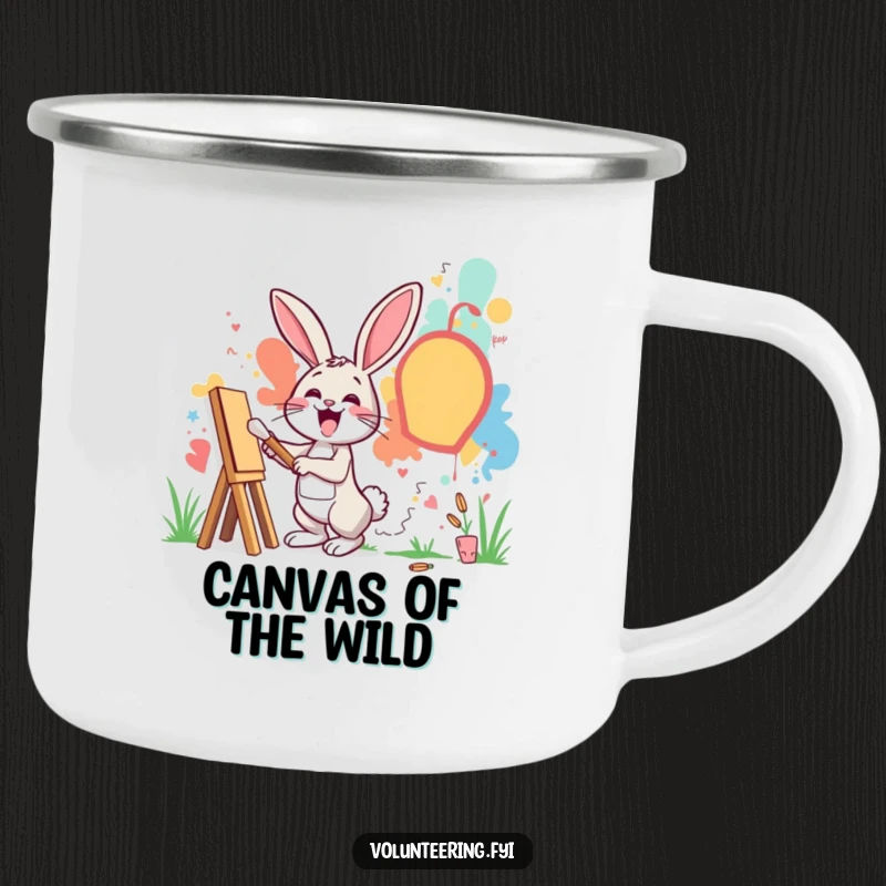 Funny camping mug showing an excited rabbit painting a mural on a community wall, perfect for outdoor artists.