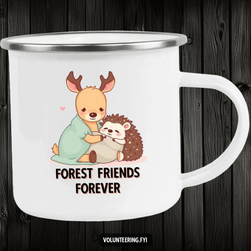 Funny camping mug with a Kawaii deer and hedgehog sharing a blanket, ideal for hot drinks during outdoor adventures.