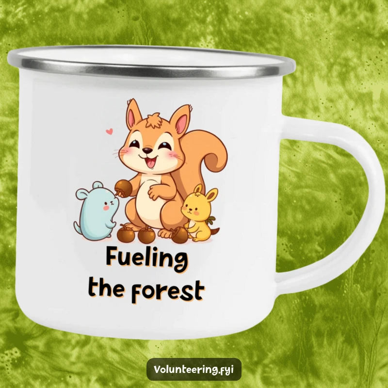 Funny squirrel camping mug featuring a delighted squirrel sharing acorns, designed for outdoor enthusiasts with a humorous touch.