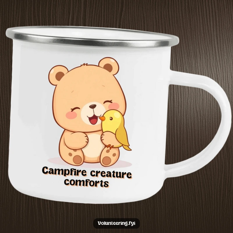 Funny camping mug with a giggling bear petting a small bird on its nose, perfect for outdoor enthusiasts loving humorous wildlife. Great funny gift.