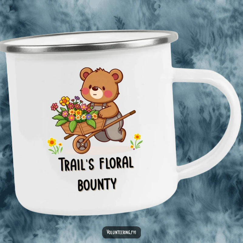 Funny Camping Mug: Determined brown bear in overalls enthusiastically pushes a wheelbarrow filled with colorful flowers, for outdoor fun.