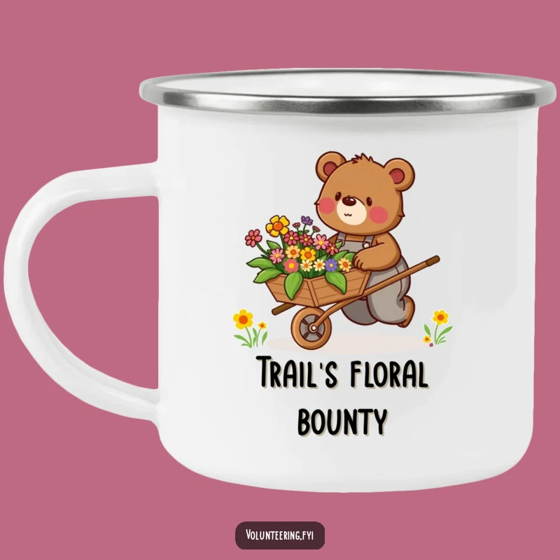 Funny Bear Camping Mug: Determined Bear Pushing Flowers, Outdoor Funny Gift