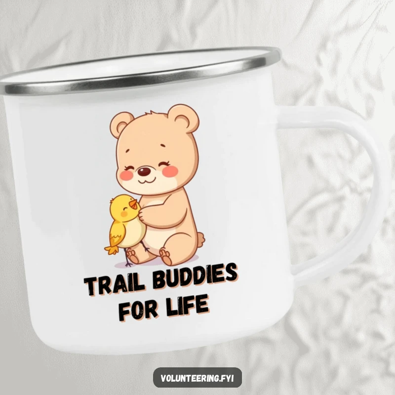 Funny camping mug with a happy bear cub gently patting a bird, ideal for outdoor adventures.