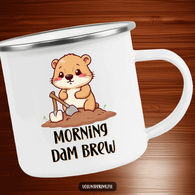 Funny camping mug featuring a determined beaver smoothing soil with a small shovel, ready for outdoor projects.