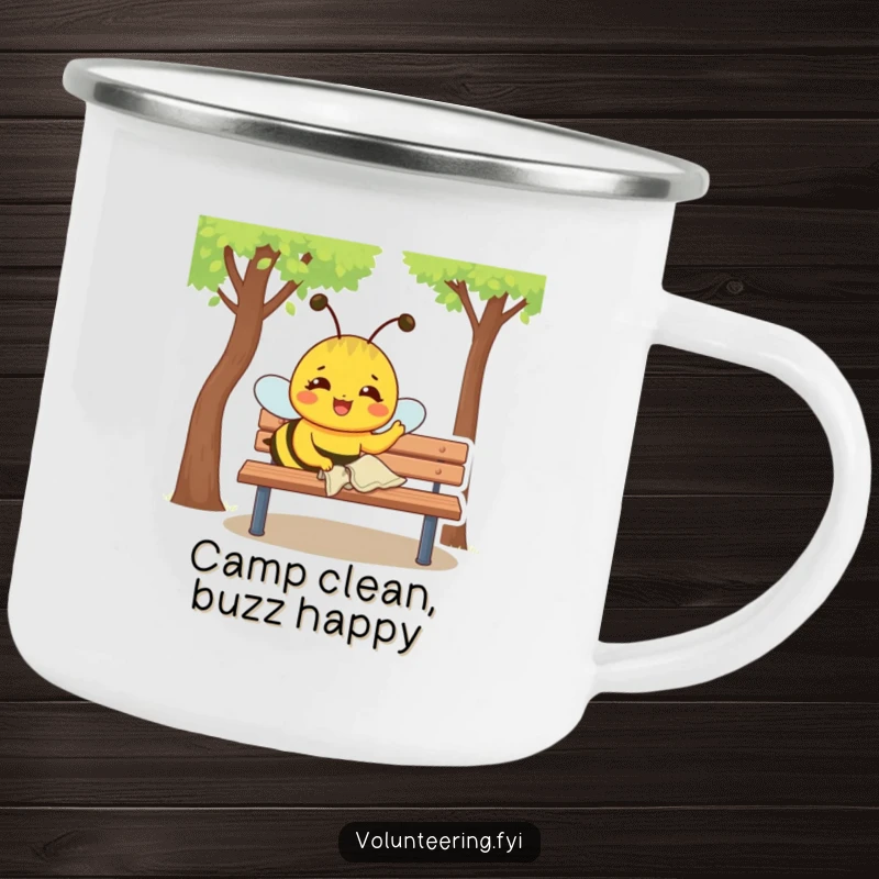 Funny Camping Mug: Joyful yellow bee with a determined expression polishes a park bench with a small cloth, for outdoor tasks.