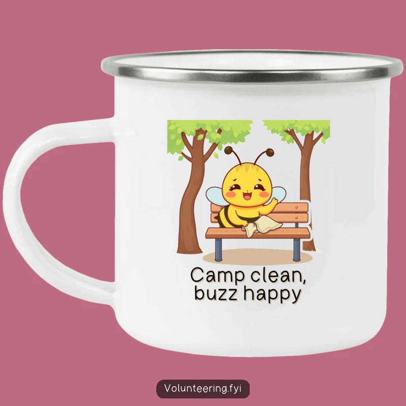 Funny Bee Camping Mug: Joyful Bee Polishing Bench, Outdoor Funny Gift