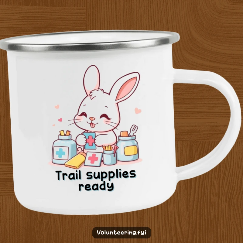 Funny bunny meticulously sorting aid supplies on a rugged camping mug, for outdoor adventures with a humorous, prepared touch.