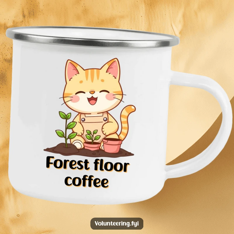 Funny cat in an apron planting a seedling on a rugged camping mug, for outdoor adventures with a humorous touch.