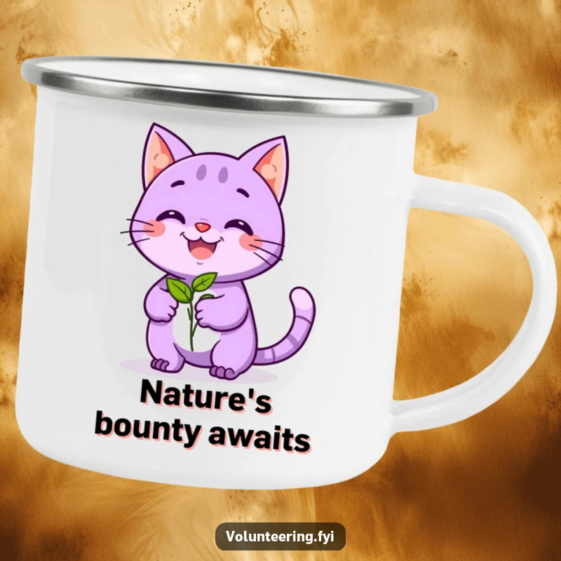 Funny camping mug with a playful purple cat smiling, offering a seedling, ideal for outdoor lovers who appreciate nature and humor.