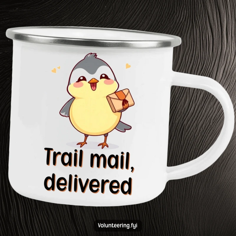 Funny camping mug featuring a joyful chickadee carrying a small parcel, durable for outdoor use and bringing cheer.
