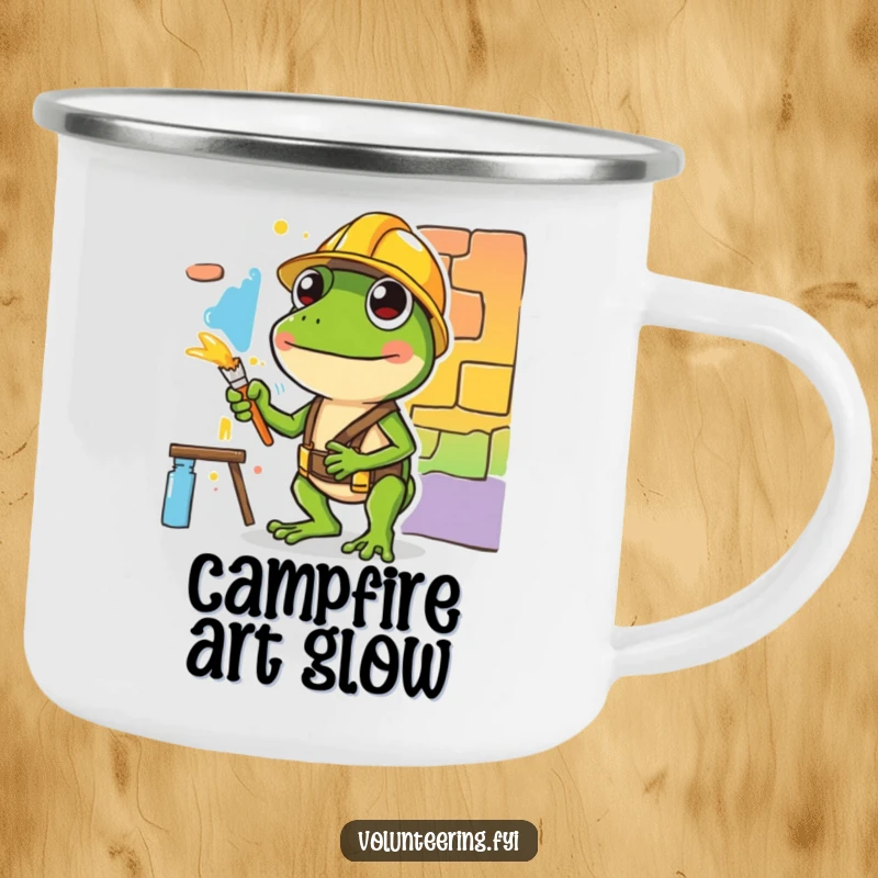 Funny camping mug with a diligent green frog in a hard hat painting, ideal for outdoor creators who appreciate humor.