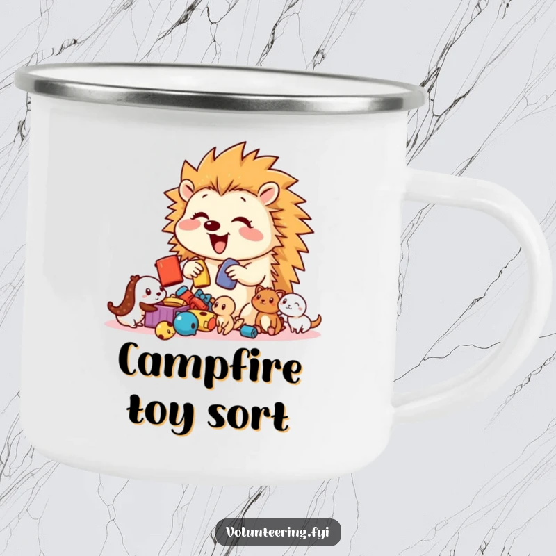 Funny Hedgehog Toy Sorter Camping Mug showcasing a bouncy, happy hedgehog sorting toys for smaller creatures, perfect for outdoor fun.