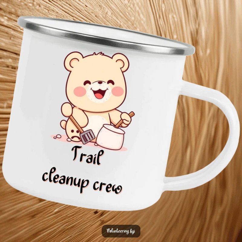 Funny Kawaii Bear Camping Mug: Rugged mug with a smiling bear cleaning litter, perfect for outdoor adventures and humor.