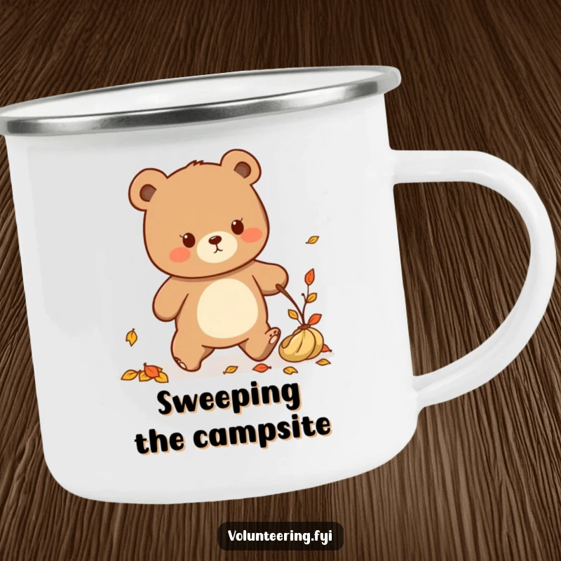 Funny Kawaii bear tidying up fallen leaves, enamel camping mug, autumn gift.