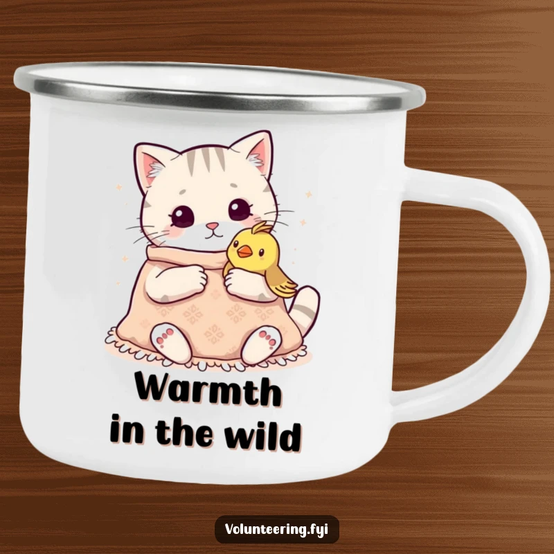 Funny Kawaii Cat Knitting Camping Mug: Durable mug with a cat knitting a blanket for a bird, perfect for cozy outdoor sips.