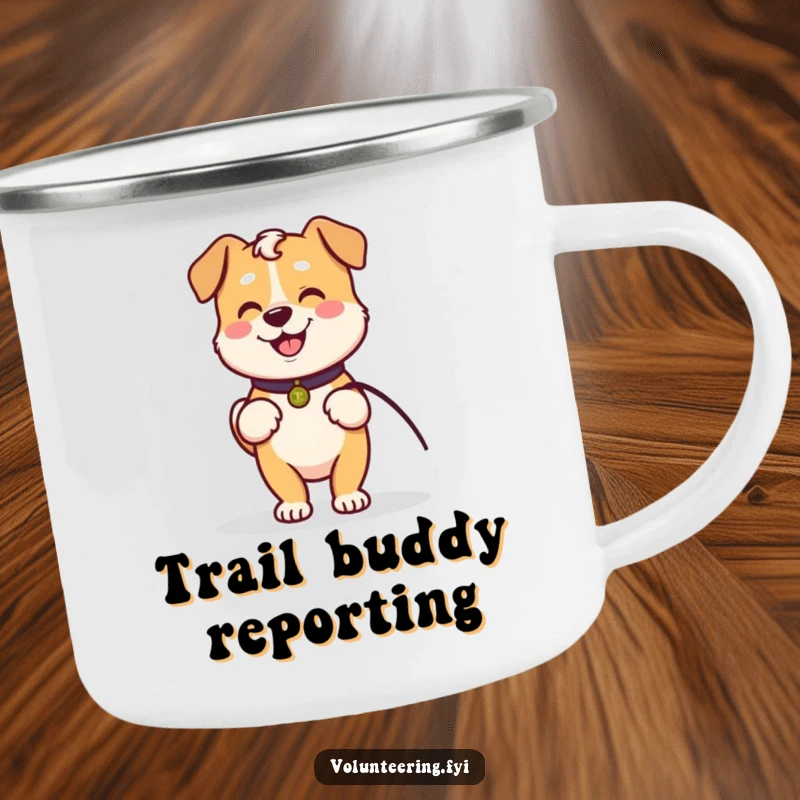 Funny camping mug with a Kawaii dog holding a leash, ready to walk with an elder, perfect for outdoor enthusiasts.