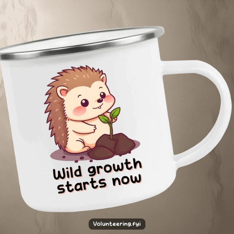 Funny kawaii hedgehog camping mug, showing a cute animal planting a seedling in the wilderness, perfect for outdoor enthusiasts who love nature and humor.