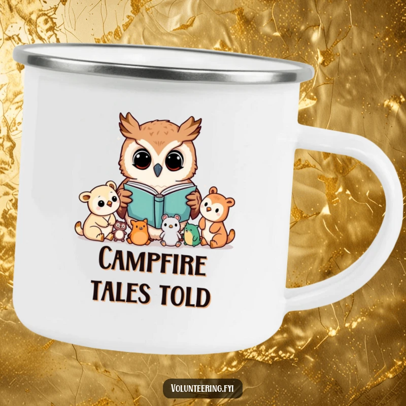 Funny camping mug with a Kawaii owl character reading a book to young animals, durable and educational, a great funny gift.