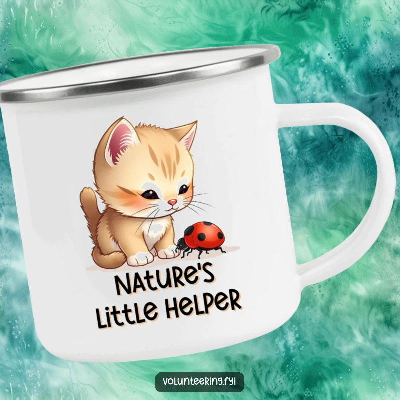 Funny Kitten Ladybug Camping Mug showing a curious kitten helping a lost ladybug, durable and heartwarming for outdoor use.