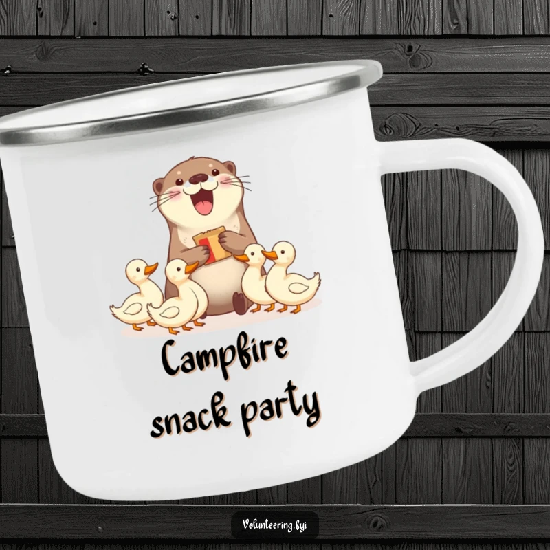 Funny camping mug with a delighted otter sharing snacks with ducks, perfect for outdoor enthusiasts loving humorous sharing. Great funny gift.