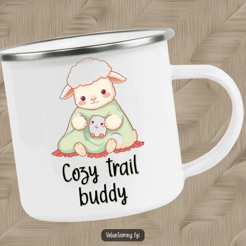 Funny camping mug featuring a gentle sheep and a small creature sharing a bright blanket, perfect for outdoor use and cozy moments.