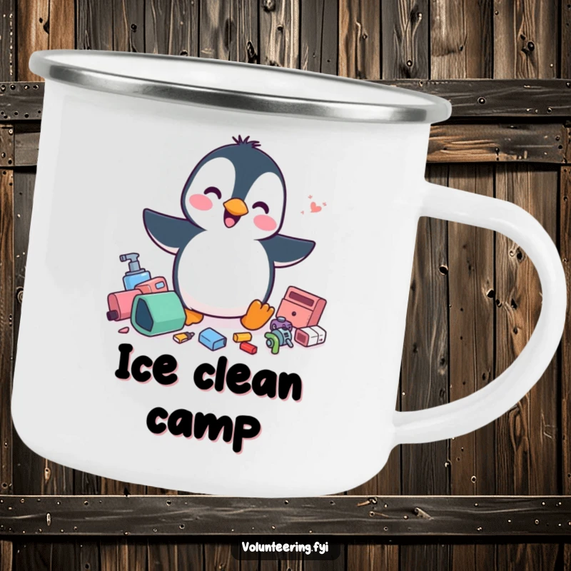 Funny penguin camping mug, a cheerful penguin energetically tidying scattered items, a humorous outdoor gear gift.