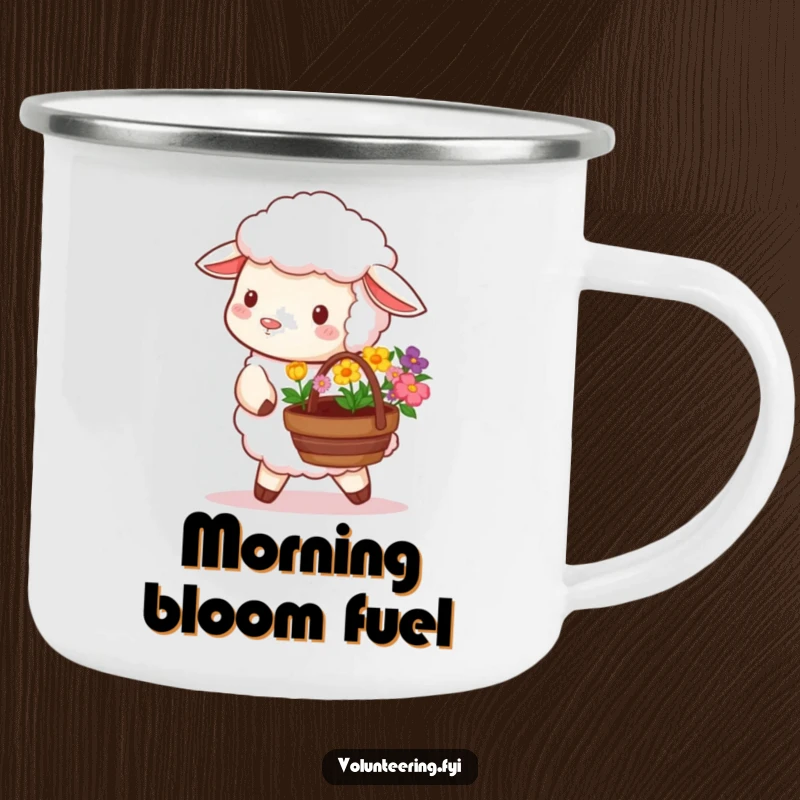 Funny camping mug featuring a fluffy sheep carrying a basket of vibrant flowers, ready for planting adventures.
