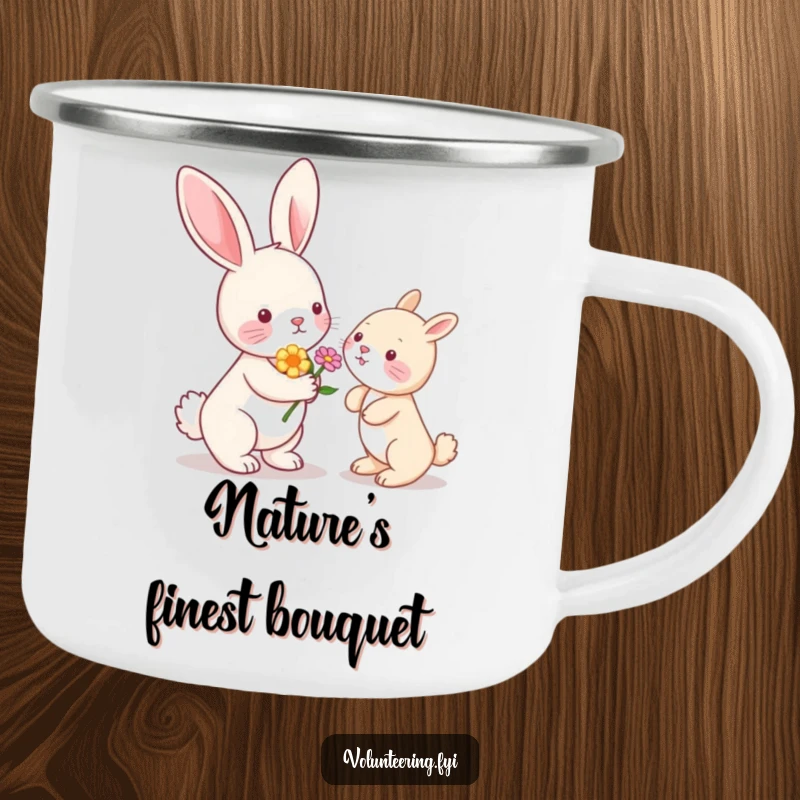 Funny Kawaii bunny rabbit handing a flower to another animal, enamel camping mug, outdoor gift.