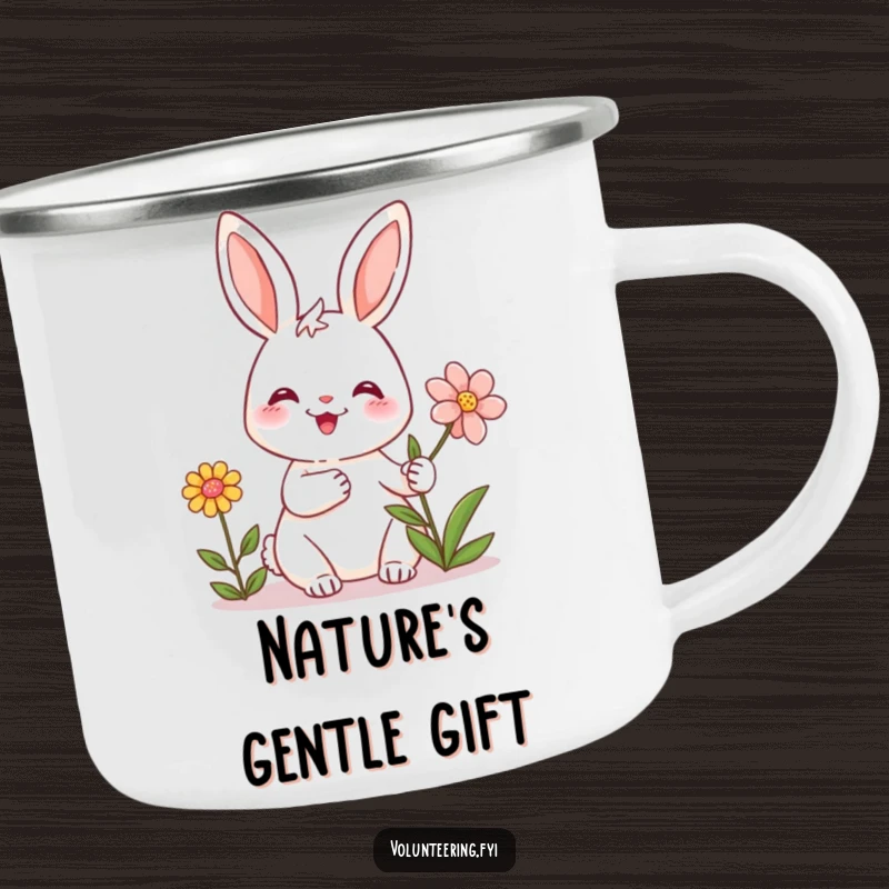 Funny camping mug with a friendly rabbit smiling and holding a flower, perfect for outdoor cheer and heartwarming moments.