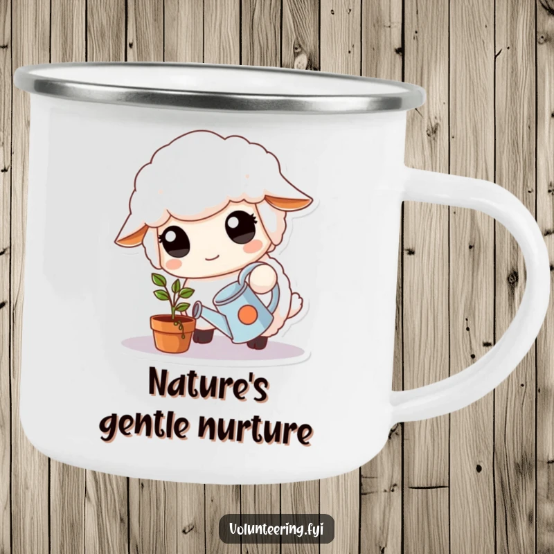 Funny Camping Mug: Fluffy white sheep with large, kind eyes carefully waters a small potted plant with a tiny watering can, for nature lovers.