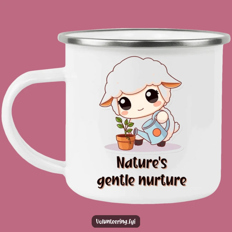 Funny Sheep Camping Mug: Kind Sheep Watering Plant, Outdoor Gentle Funny Gift