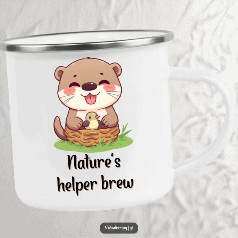 Funny Otter Helping Bird Nest Camping Mug showing a joyful otter gently placing a bird into its nest, perfect for outdoor enthusiasts.