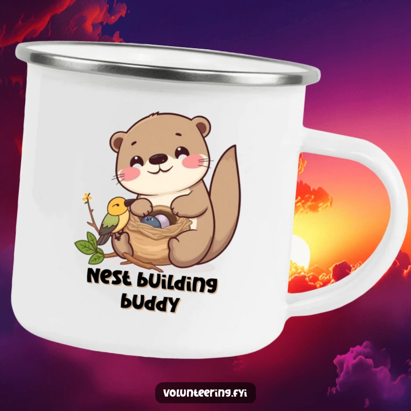 Funny Kawaii otter helping a bird build its nest, enamel camping mug, friendship gift.