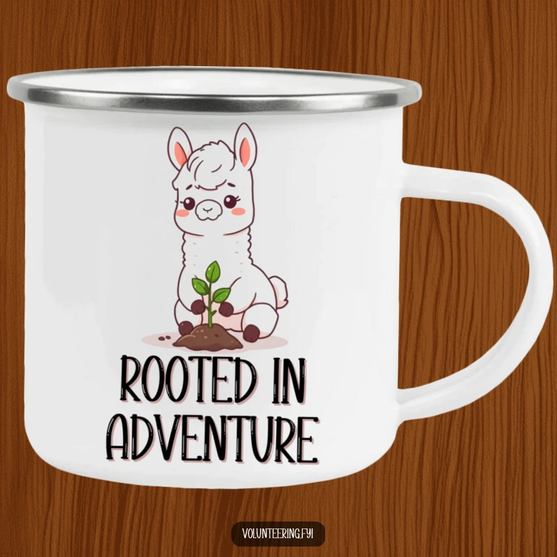 Funny llama camping mug, a happy llama planting a sapling, ready for outdoor adventures and spreading eco-cheer with every sip.
