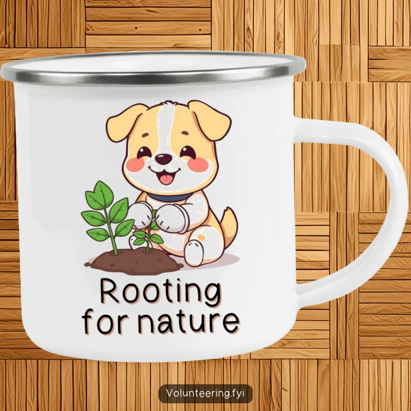 Funny camping mug featuring a happy dog wearing gloves, planting a tree, ideal for outdoor enthusiasts.