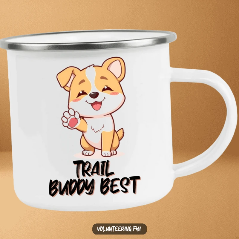Funny joyful dog character offering a friendly paw to another dog on a rugged camping mug, ideal funny gift.