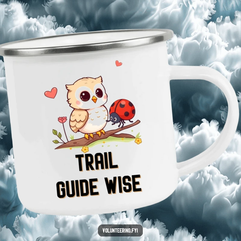 Funny camping mug depicting an owl guiding a ladybug, ready for outdoor adventures and inspiring warm drinks.