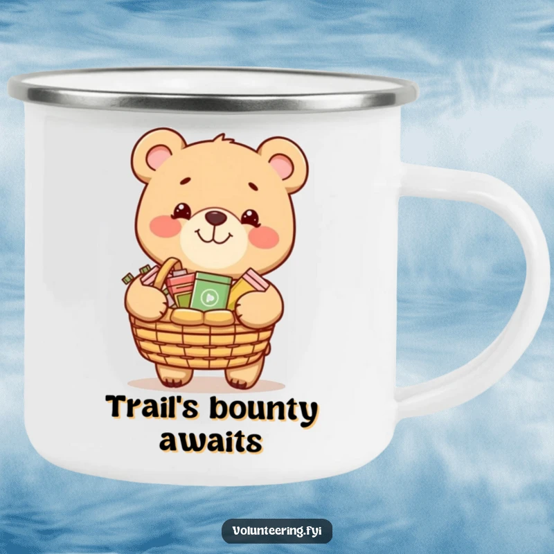 Funny camping mug showing a grinning bear carrying a basket of donated items, perfect for outdoor generosity.