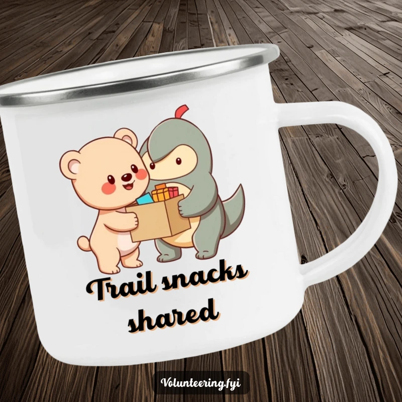 Funny Camping Mug featuring a cheerful bear cub character handing a box of supplies to another creature, built for adventures and spreading smiles.