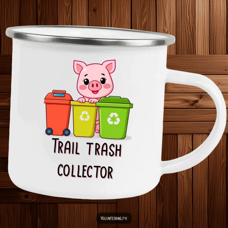 Funny pink pig character with a sunny smile, happily sorting colorful recycling bins, on a durable camping mug, a funny eco gift.