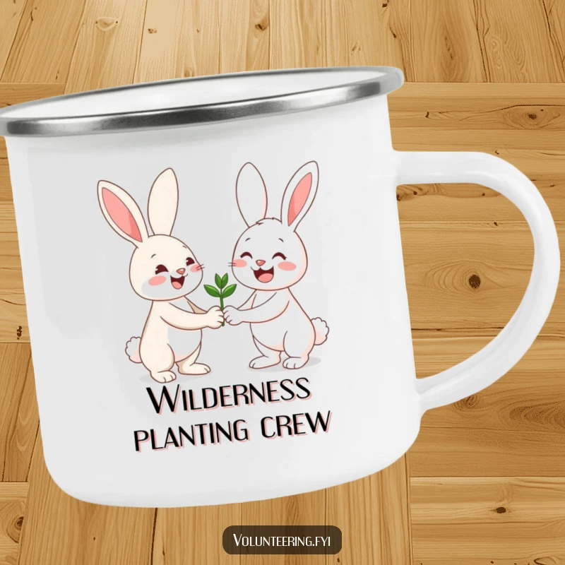 Funny camping mug featuring a happy bunny giving a seedling to a friend by a campfire, outdoorsy theme.