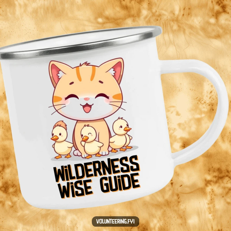 Funny smiling cat character guiding lost little ducklings on a rugged camping mug, ideal funny gift.