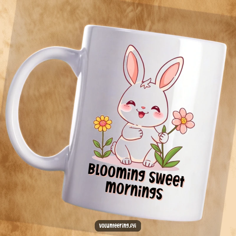 Funny mug with a friendly rabbit smiling and handing a flower, symbolizing kindness, friendship, and heartwarming gestures.