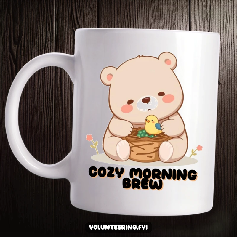 Funny mug depicting a large, playful bear gently assisting a tiny bird in building its nest, showing teamwork and care.