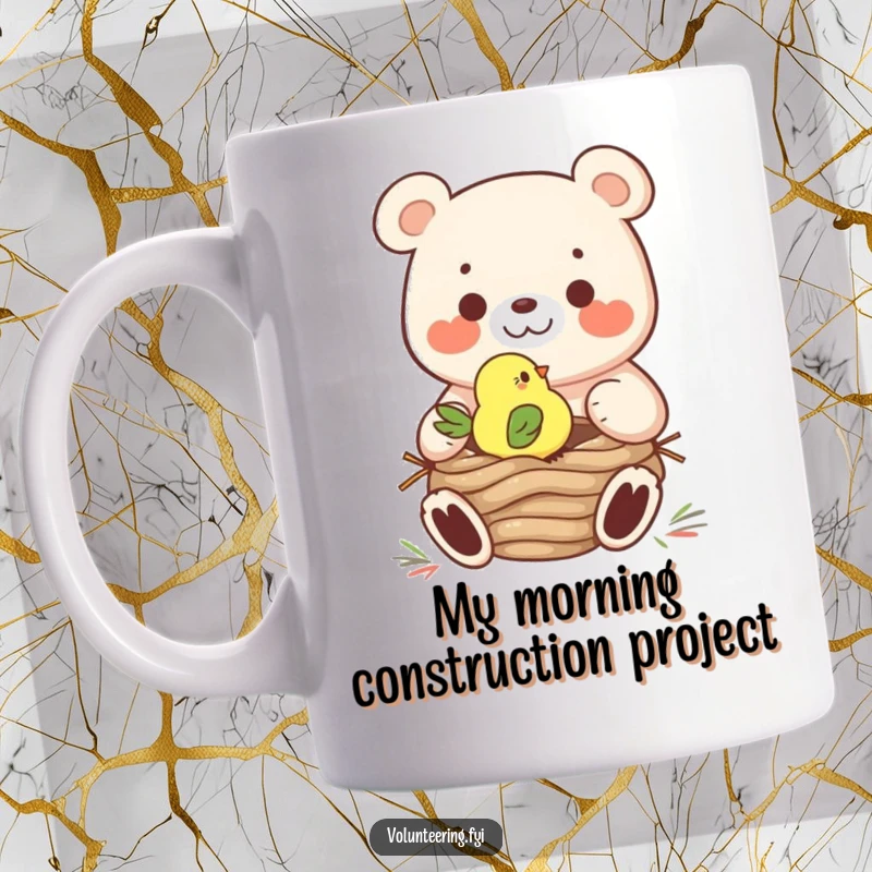 Funny Mug showing a large, cheerful bear gently assisting a tiny bird in constructing a cozy nest, symbolizing helpfulness and friendship.